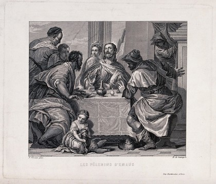 The risen Christ shares supper with two men at Emmaus. Etching by R. Delaunay after P. Caliari, il Veronese.