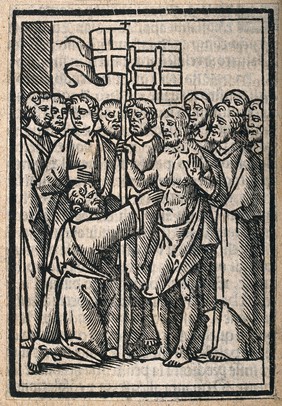 Christ shows his stigmata to Saint Thomas. Woodcut.