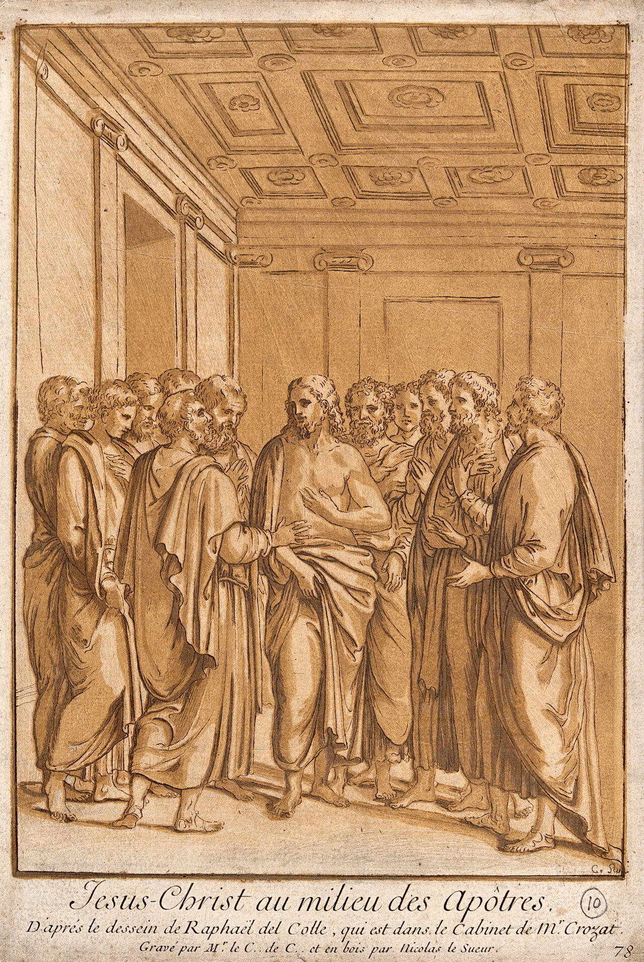 Christ among the apostles. Colour mixed media print by comte A-C-P. de Caylus and N. Le Sueur after R. del Colle., by Raffaellino del Colle