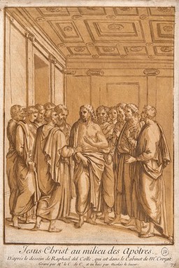 Christ among the apostles. Colour mixed media print by comte A-C-P. de Caylus and N. Le Sueur after R. del Colle.