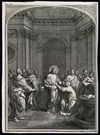 The risen Christ shows his lance wound to Saint Thomas. Engraving by J. Sturt.