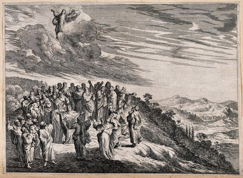 Christ ascends to heaven above his disciples. Etching by M. Küssell after J.W. Baur., by Johann Wilhelm Baur