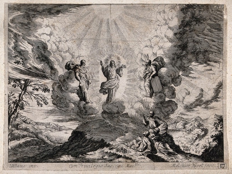 The transfiguration of Christ; Moses and Elijah appear alongside him. Etching by M. Küssell after J.W. Baur., by Johann Wilhelm Baur