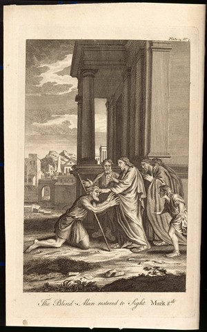 view Christ cures a blind man by laying his hand on his eyes. Etching.