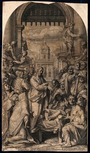 view Christ raises the son of the widow of Nain from the dead. Engraving by J. Matham after F. Zuccaro.