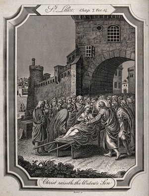 view Christ raises the widow's son from the dead. Engraving by J. Barlow.