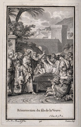 Christ raises the widow's son from the dead. Engraving by J. Dambrun, 1793, after J.M. Moreau.