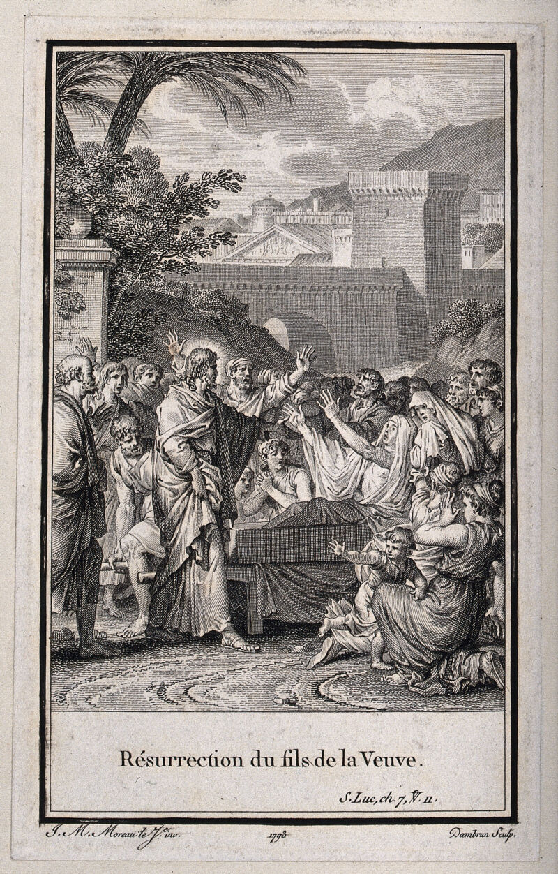 Christ raises the widow's son from the dead. Engraving by J. Dambrun, 1793, after J.M. Moreau., 1793, by Jean-Michel Moreau