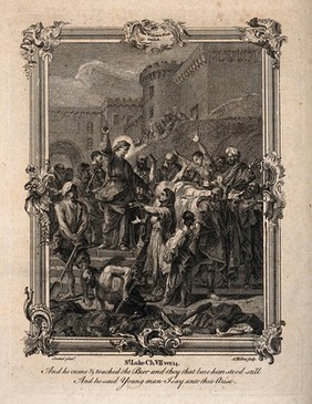 Christ raises the widow's son from the dead. Etching by A. Walker after J-B. Jouvenet.