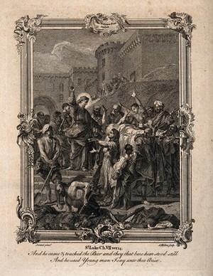 view Christ raises the widow's son from the dead. Etching by A. Walker after J-B. Jouvenet.