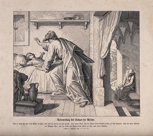 view The widow's son returns to life in response to Elijah's prayer. Wood engraving.