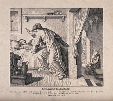 The widow's son returns to life in response to Elijah's prayer. Wood engraving.