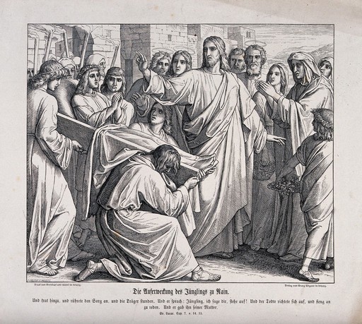 Christ raises the widow's son from the dead. Wood engraving by F. Obermann.