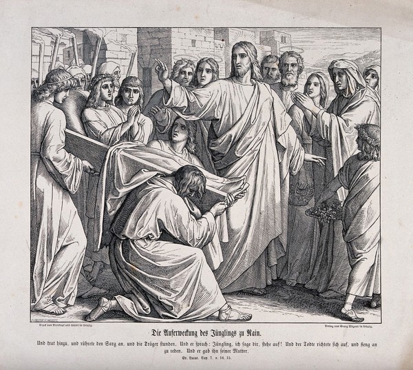 Christ raises the widow's son from the dead. Wood engraving by F. Obermann.