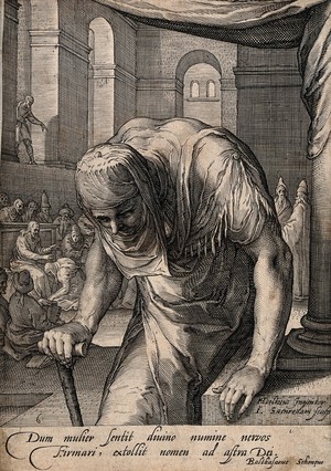 view The bowed woman cured by Christ. Engraving by J.P. Saenredam after H. Goltzius, 159- (?).