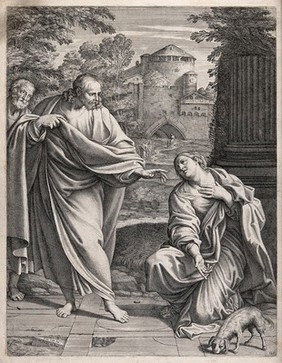 The Canaanite (or Syrophoenician) woman asks Christ to cure her possessed daughter; she points to a dog, to which she compares herself. Etching by P. del Po after Annibale Carracci.