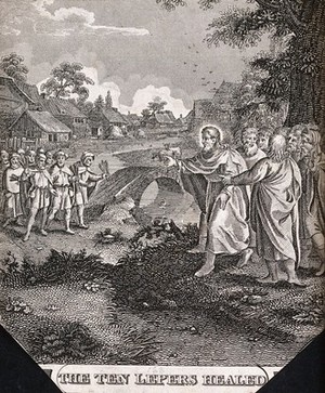 view Ten people with leprosy (with warning clappers) approach Christ the healer. Etching.