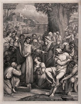 Christ raises Lazarus from his tomb. Etching by R.W. Sievier, 1830, after S. del Piombo.