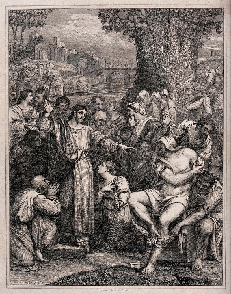 Christ raises Lazarus from his tomb. Etching by R.W. Sievier, 1830, after S. del Piombo., January 1830, by Sebastiano del Piombo
