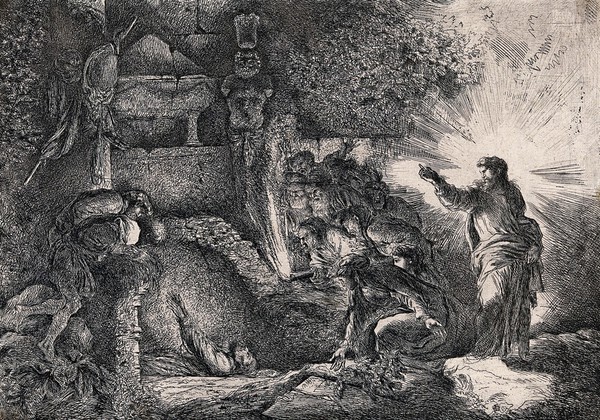 Christ raises Lazarus from his tomb. Etching by G.B. Castiglione.