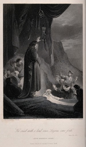 view Christ raises Lazarus from his tomb; weapons hang from above. Engraving by J. Thomson, 1846, after J. Franklin after Rembrandt.