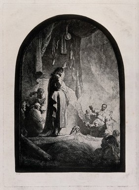 Christ raises Lazarus from his tomb; weapons hang from above. Process print after Rembrandt.