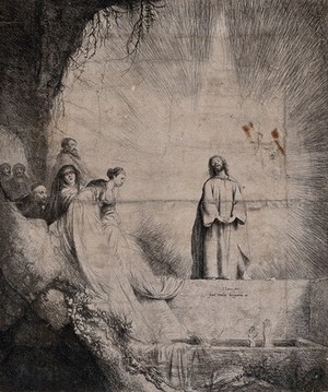 view Christ, praying in the light, raises Lazarus from his tomb. Etching after J. Lievens, 1631.