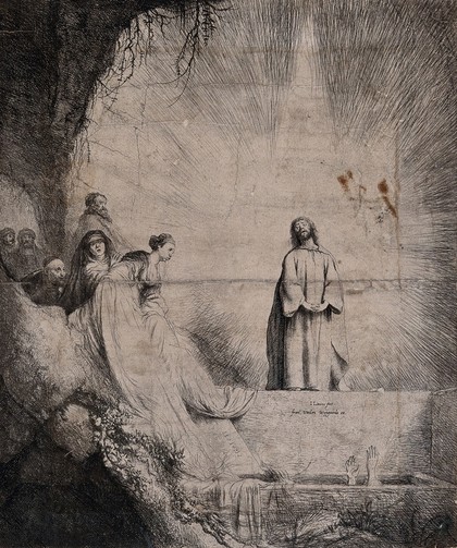 Christ, praying in the light, raises Lazarus from his tomb. Etching after J. Lievens, 1631.