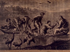 view The apostles suddenly receive a miraculous shoal of fishes. Mezzotint by J. Simon after Raphael.