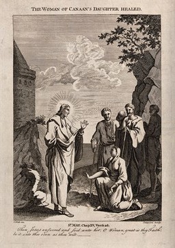 Christ heals the daughter of the woman of Canaan. Etching by Simpson after S. Wale.