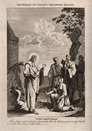 view Christ heals the daughter of the woman of Canaan. Etching by Simpson after S. Wale.