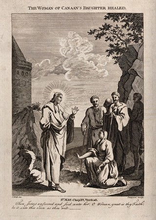 Christ heals the daughter of the woman of Canaan. Etching by Simpson after S. Wale.
