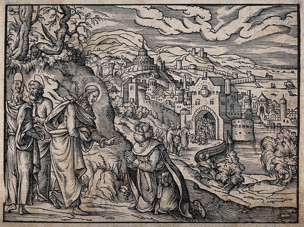 Christ healing a man of leprosy. Woodcut, 1571, after Jost Amman.