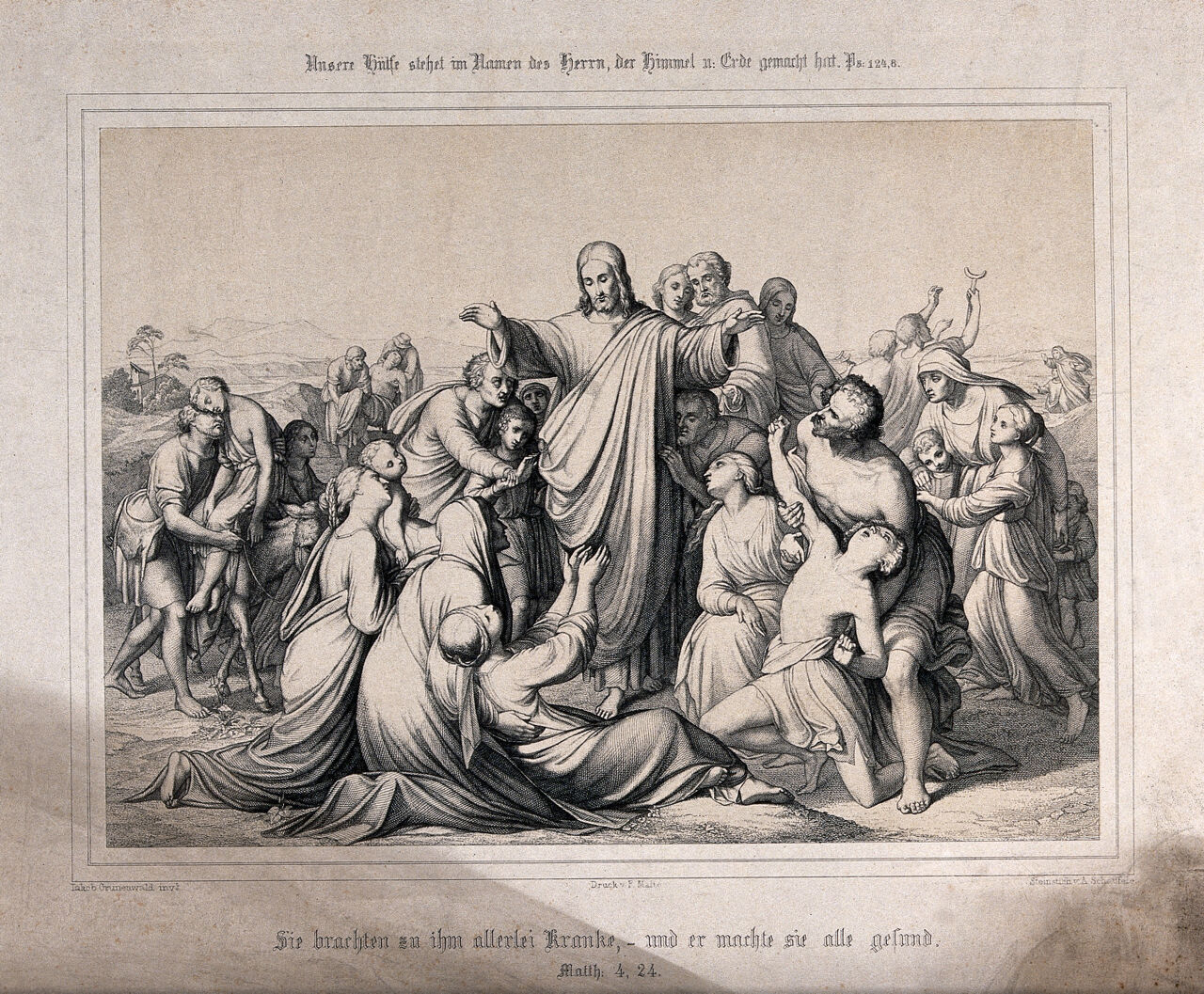 Christ healing a group of sick people. Engraving by A. Schaufele, 1851, after J. Grünenwald., 1851, by Jakob Grünenwald