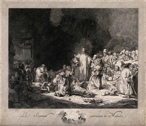 view Christ stands among sick people and Pharisees ('The hundred guilder print'). Etching by J.P. Le Bas, 1776, after Rembrandt, 1649.