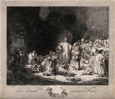 Christ stands among sick people and Pharisees ('The hundred guilder print'). Etching after Rembrandt, 1649.