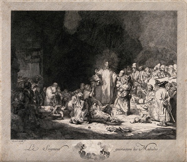 Christ stands among sick people and Pharisees ('The hundred guilder print'). Etching by J.P. Le Bas, 1776, after Rembrandt, 1649.