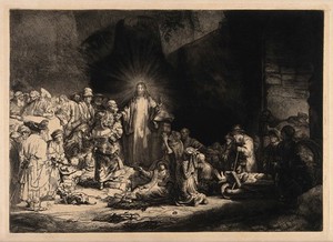 view Christ among sick people and Pharisees ('The hundred guilder print'). Etching by Rembrandt, 1649.