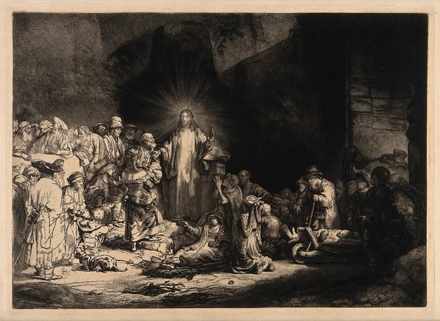 Christ among sick people and Pharisees ('The hundred guilder print'). Etching by Rembrandt, 1649.