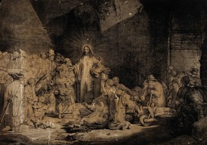 view Christ among sick people and the Pharisees ('The hundred guilder print'). Etching by T. Worlidge, 1758, after Rembrandt, 1649.