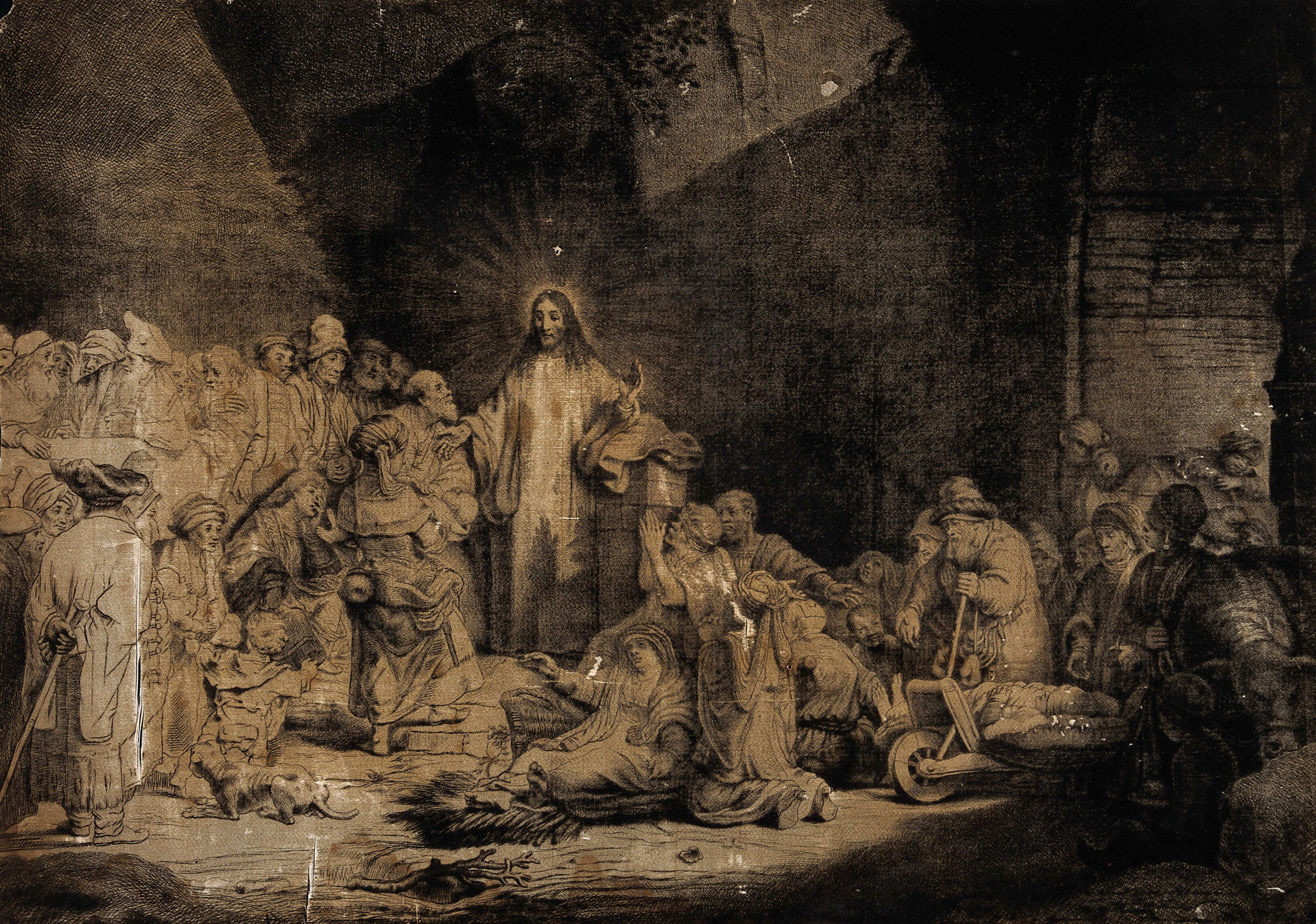 Christ among sick people and the Pharisees ('The hundred guilder print'). Etching T. Worlidge, 1758, after Rembrandt, 1649. Wellcome Collection
