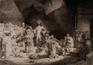 view Christ among sick people and the Pharisees ('The hundred guilder print'). Etching by T. Worlidge, 1758, after Rembrandt, 1649.