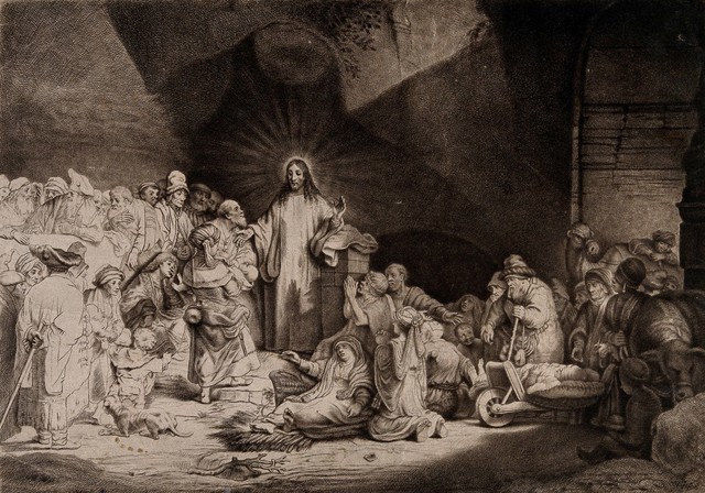 Christ among sick people and the Pharisees ('The hundred guilder print'). Etching by T. Worlidge, 1758, after Rembrandt, 1649.