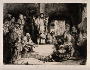 view Christ preaching (known as 'La petite Tombe'). Photogravure by A. Durand after Rembrandt, 1652.