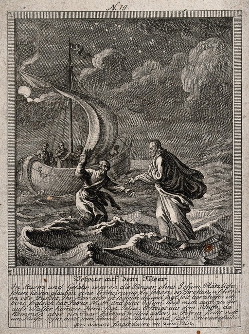 Peter walks on water towards Christ. Etching.