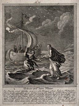 Peter walks on water towards Christ. Etching.
