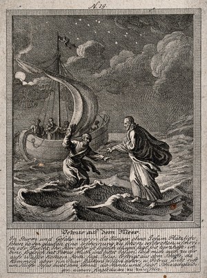 view Peter walks on water towards Christ. Etching.