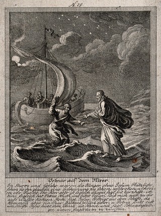 Peter walks on water towards Christ. Etching.