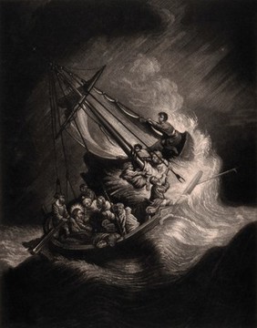 Christ and the apostles in the storm on the sea of Galilee. Mezzotint after Rembrandt.