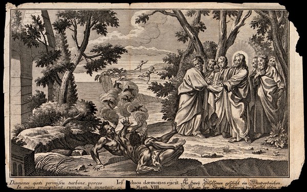 Christ heals two possessed men; in the background swine leap off a cliff. Engraving.
